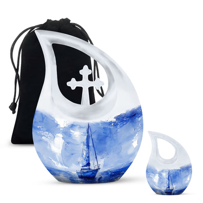 Blue Personalized Religious Keepsake Urn for Human Ashes - 10-inch, 200 cu in - Yatskia