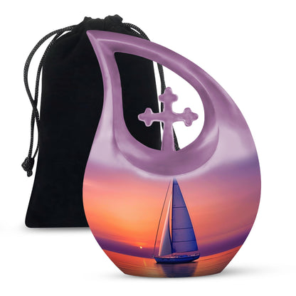 10-inch sail boat theme urn with cross drop design, 