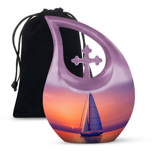 10-inch sail boat theme urn with cross drop design, 