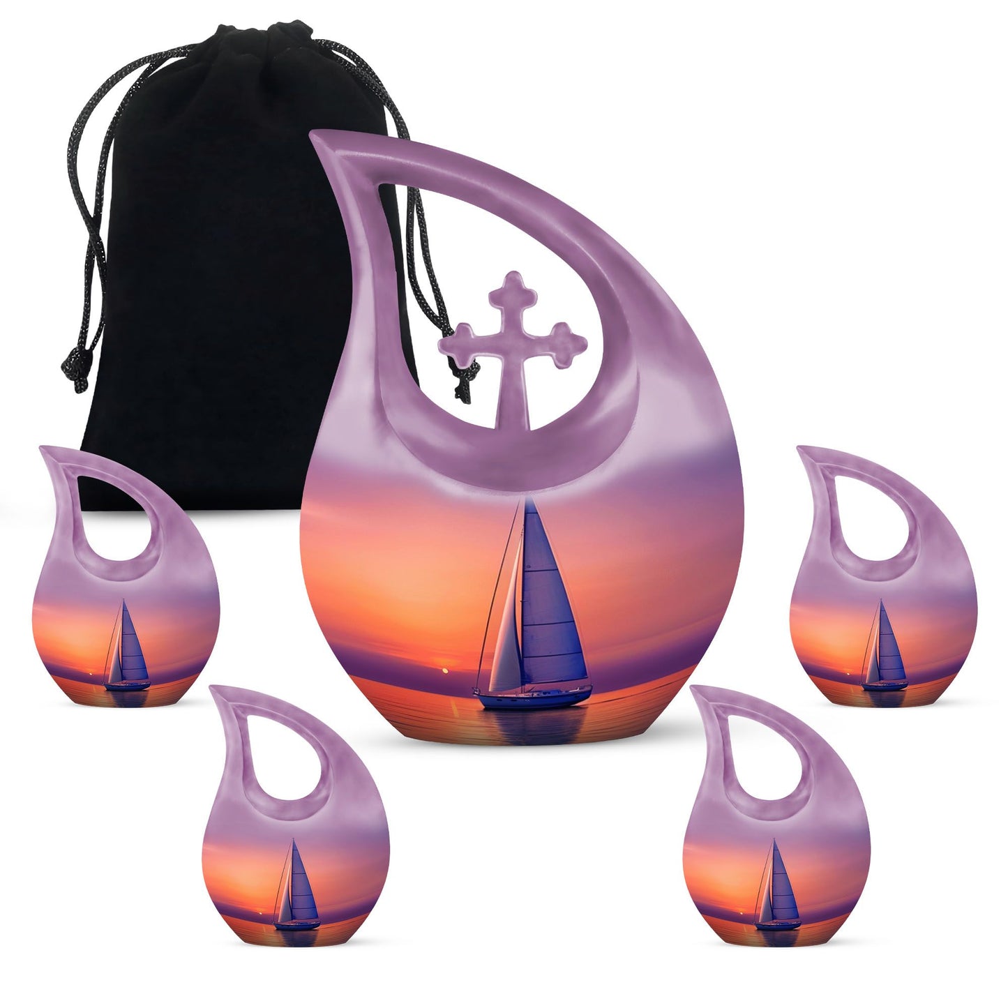 10-inch sail boat theme urn with cross drop design, 