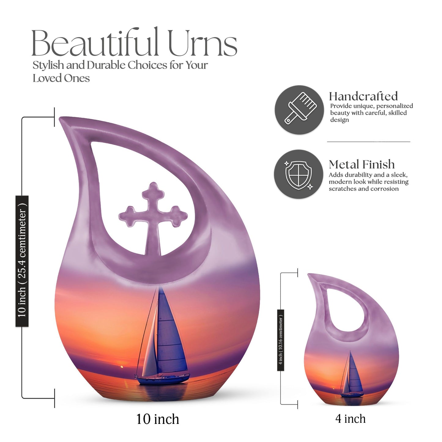10-inch sail boat theme urn with cross drop design, 
