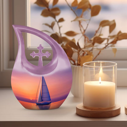 10-inch sail boat theme urn with cross drop design, 