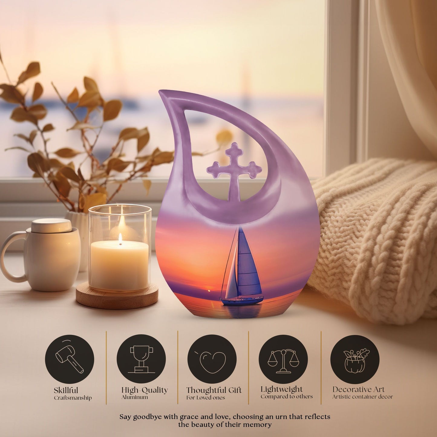 10-inch sail boat theme urn with cross drop design, 
