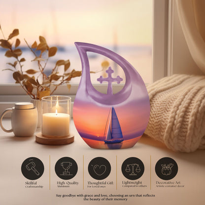 10-inch sail boat theme urn with cross drop design, 