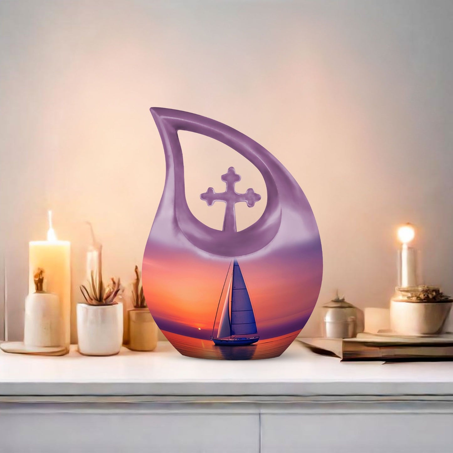 10-inch sail boat theme urn with cross drop design, 