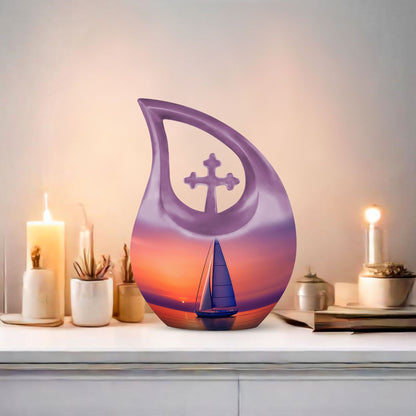 10-inch sail boat theme urn with cross drop design, 