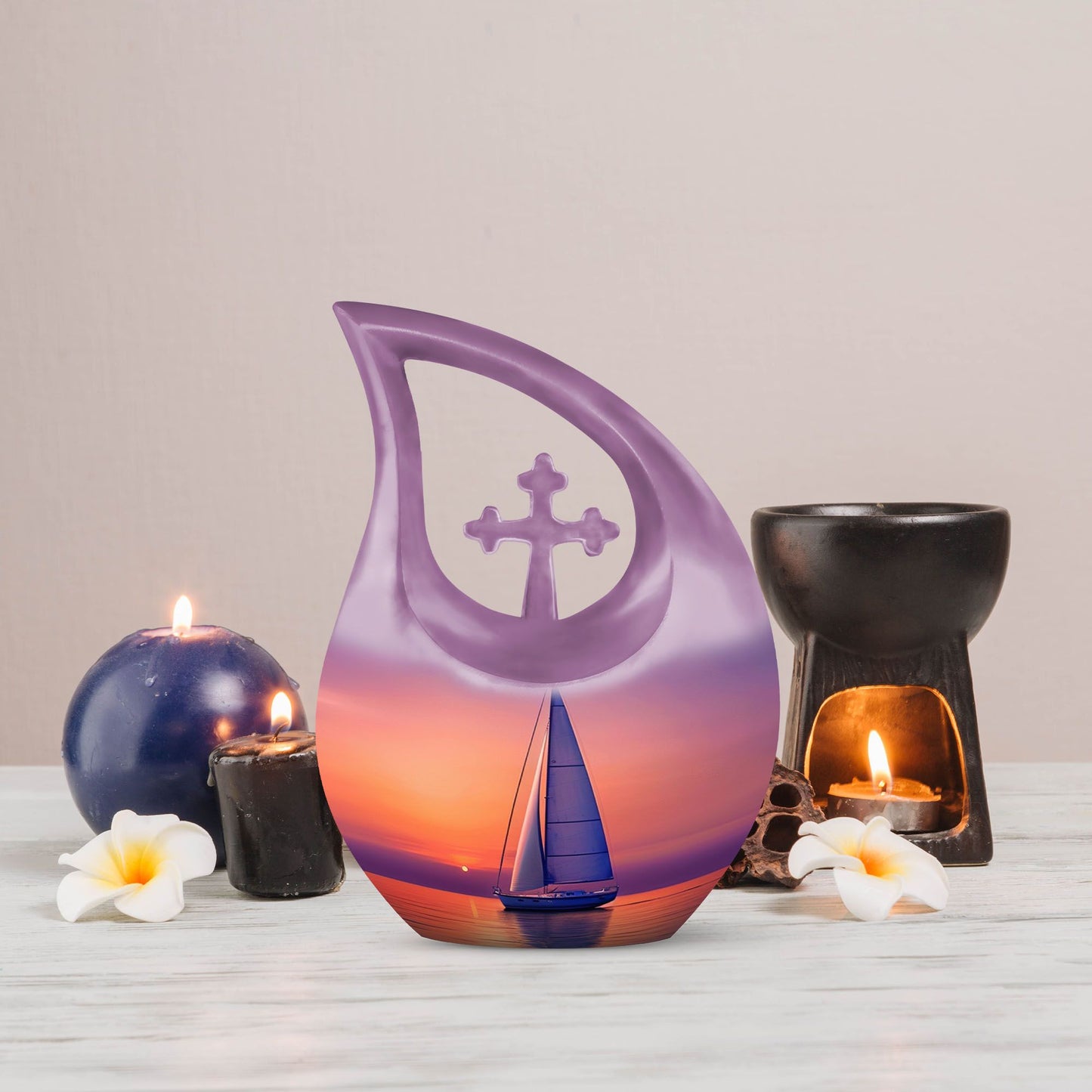 10-inch sail boat theme urn with cross drop design, 