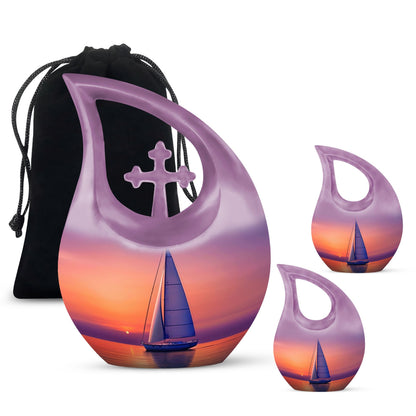 10-inch sail boat theme urn with cross drop design, 