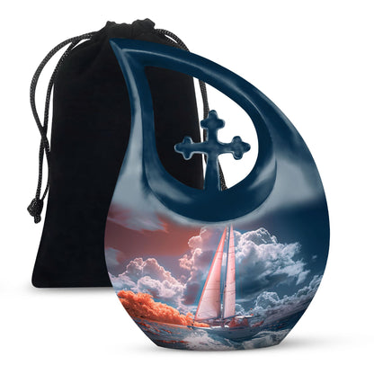 10-inch Sail Boat Urn with Cross Drop design,