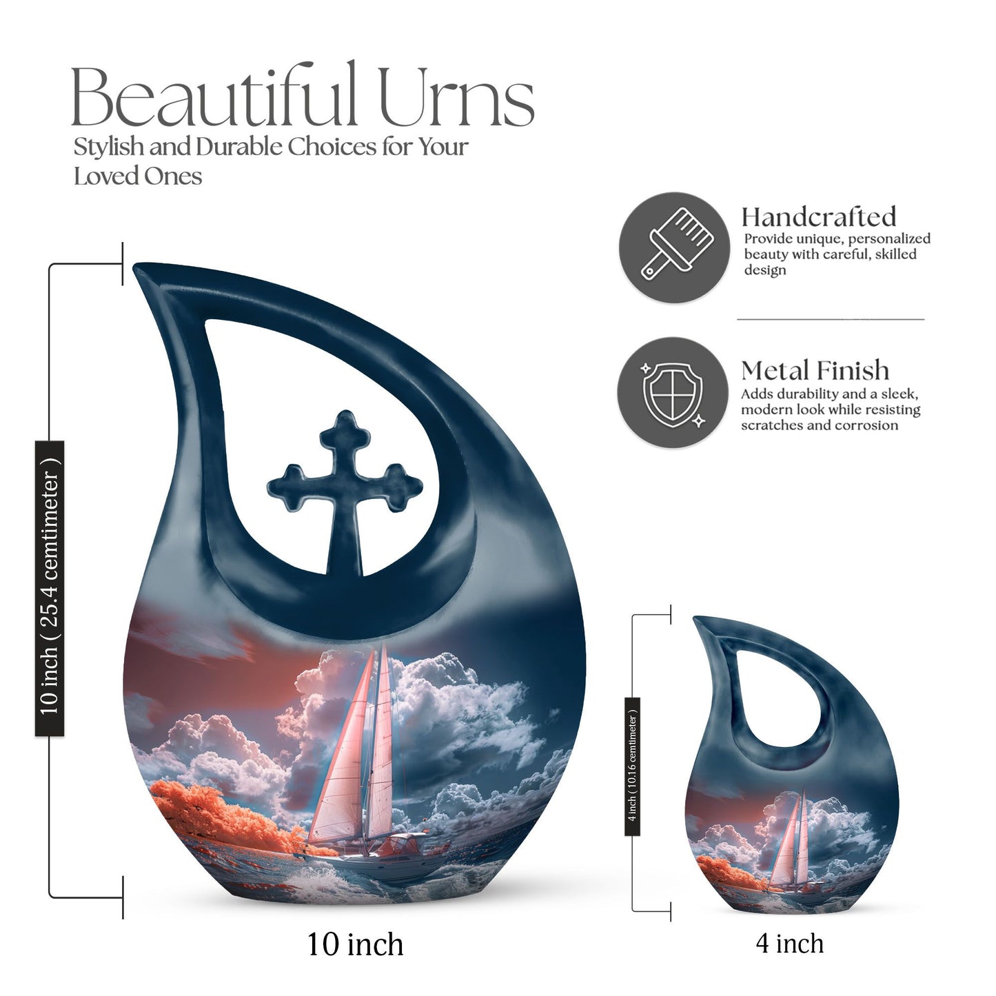 10-inch Sail Boat Urn with Cross Drop design,