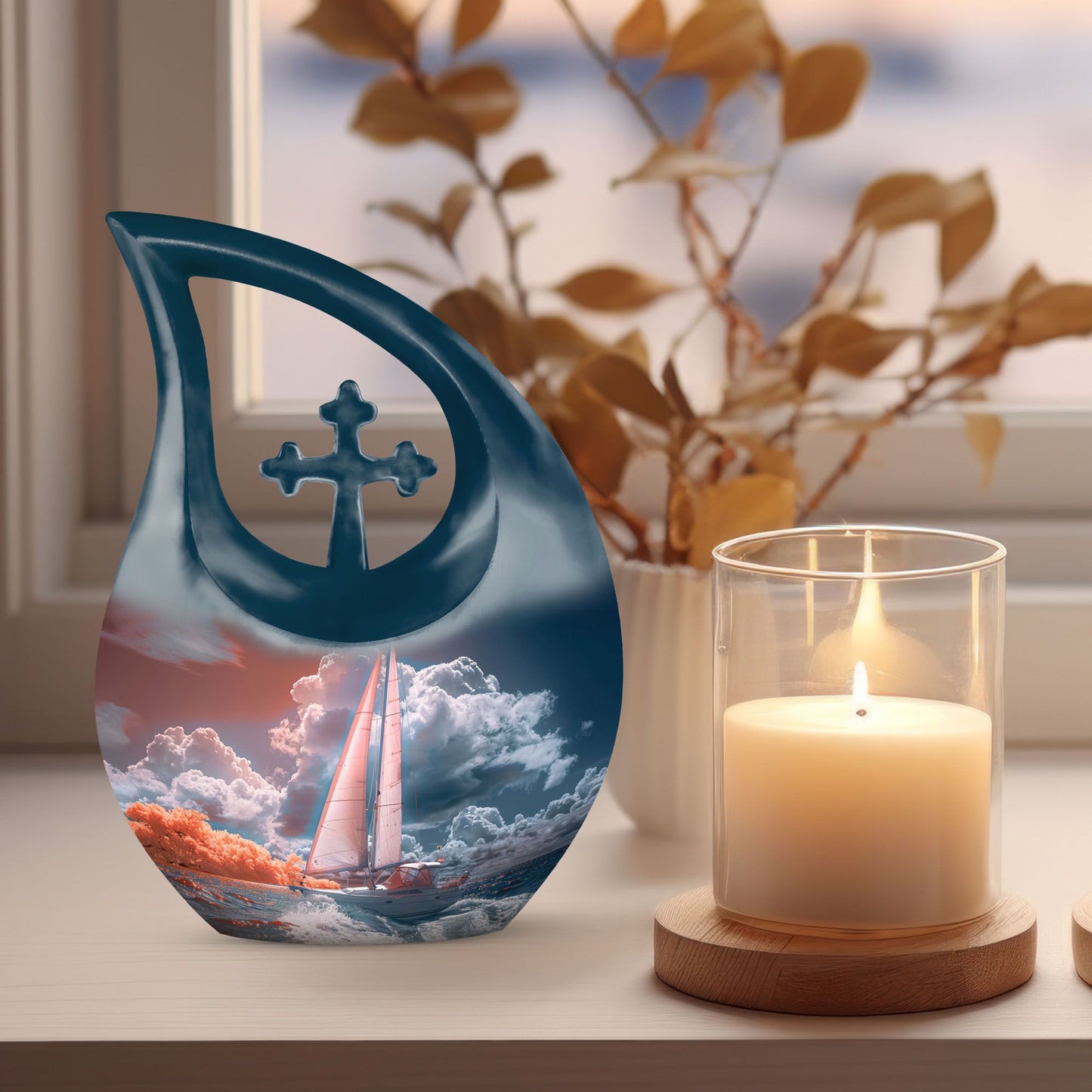 10-inch Sail Boat Urn with Cross Drop design,