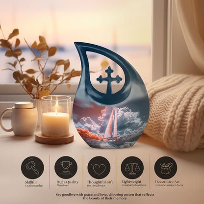 10-inch Sail Boat Urn with Cross Drop design,