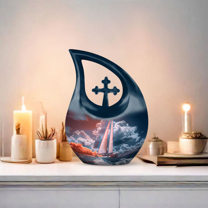 10-inch Sail Boat Urn with Cross Drop design,