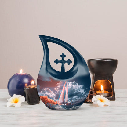 10-inch Sail Boat Urn with Cross Drop design,
