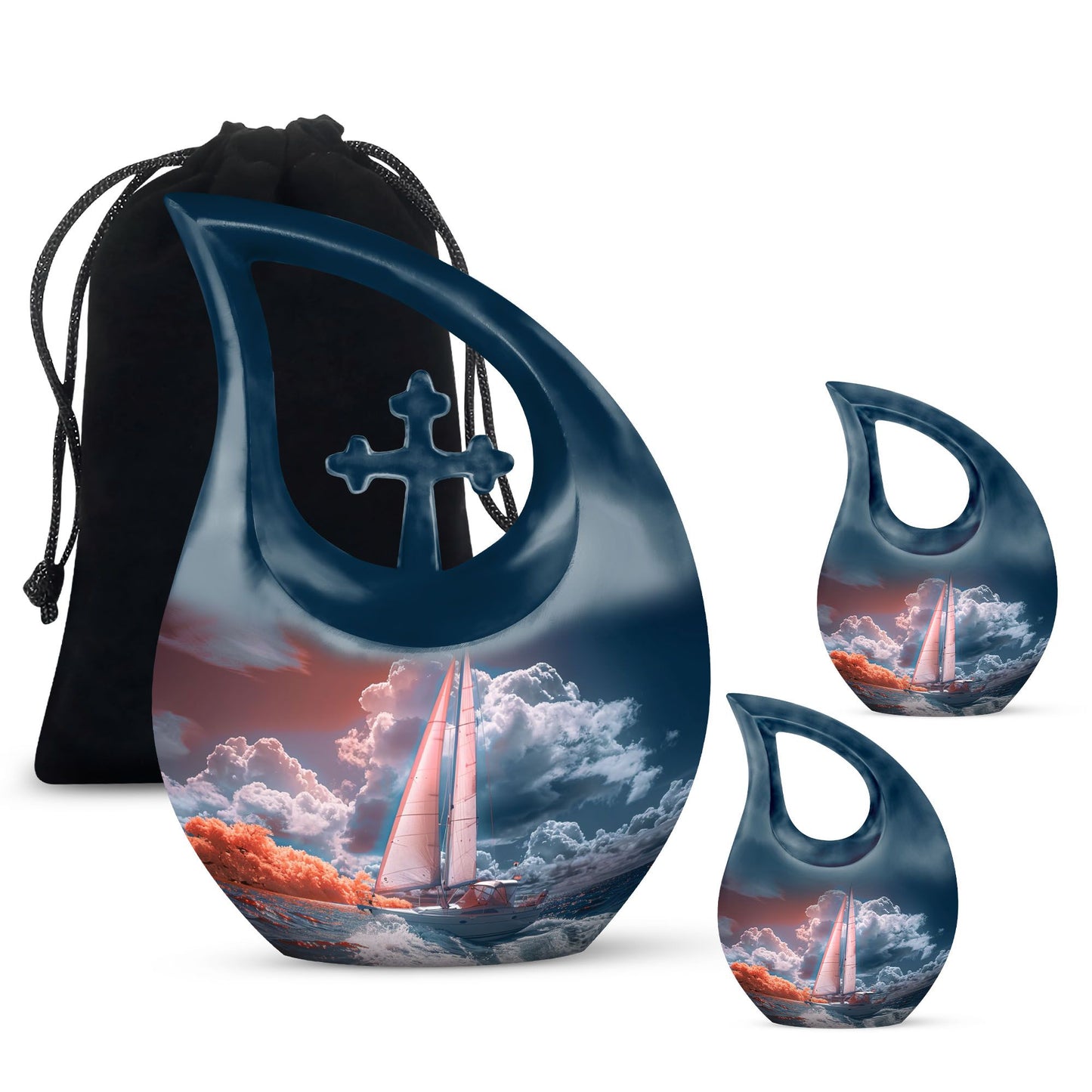 10-inch Sail Boat Urn with Cross Drop design,