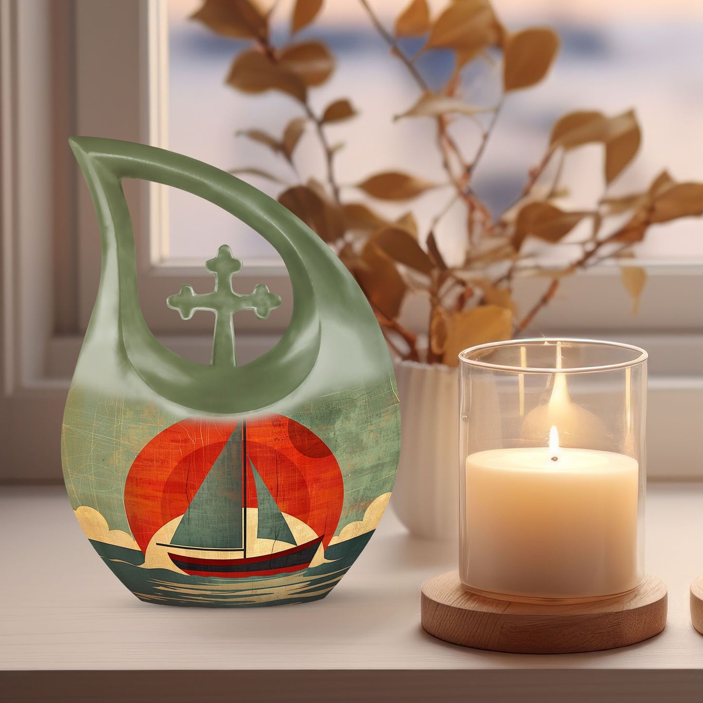10-inch Sail Boat Urn with Cross Drop Design 