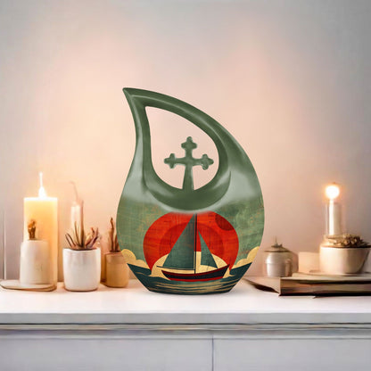 10-inch Sail Boat Urn with Cross Drop Design 