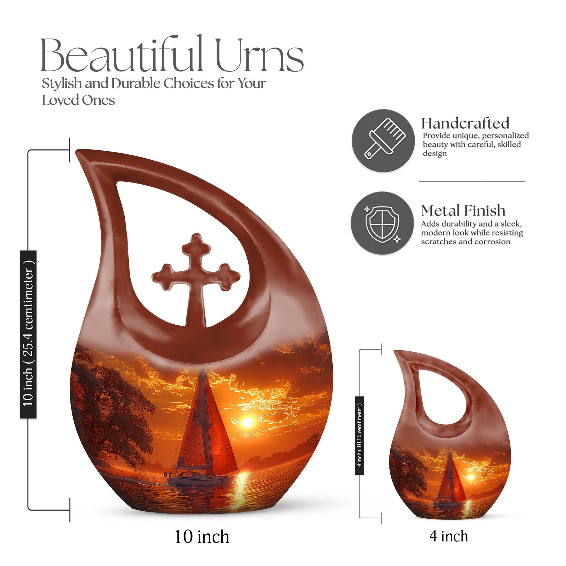 10-inch Sail Boat Urn with Cross Drop design,