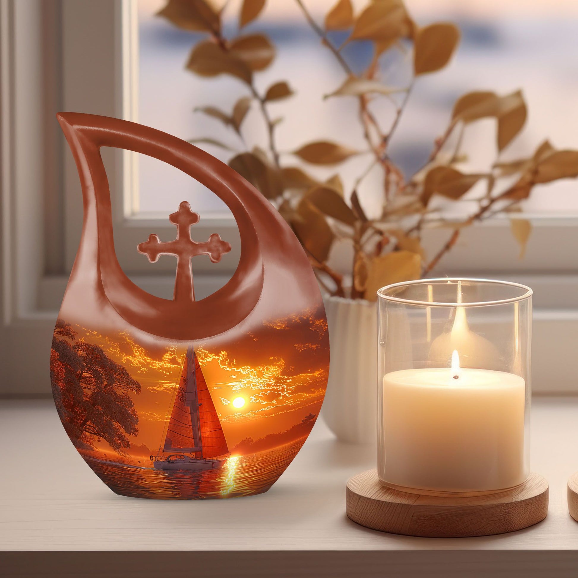 10-inch Sail Boat Urn with Cross Drop design,