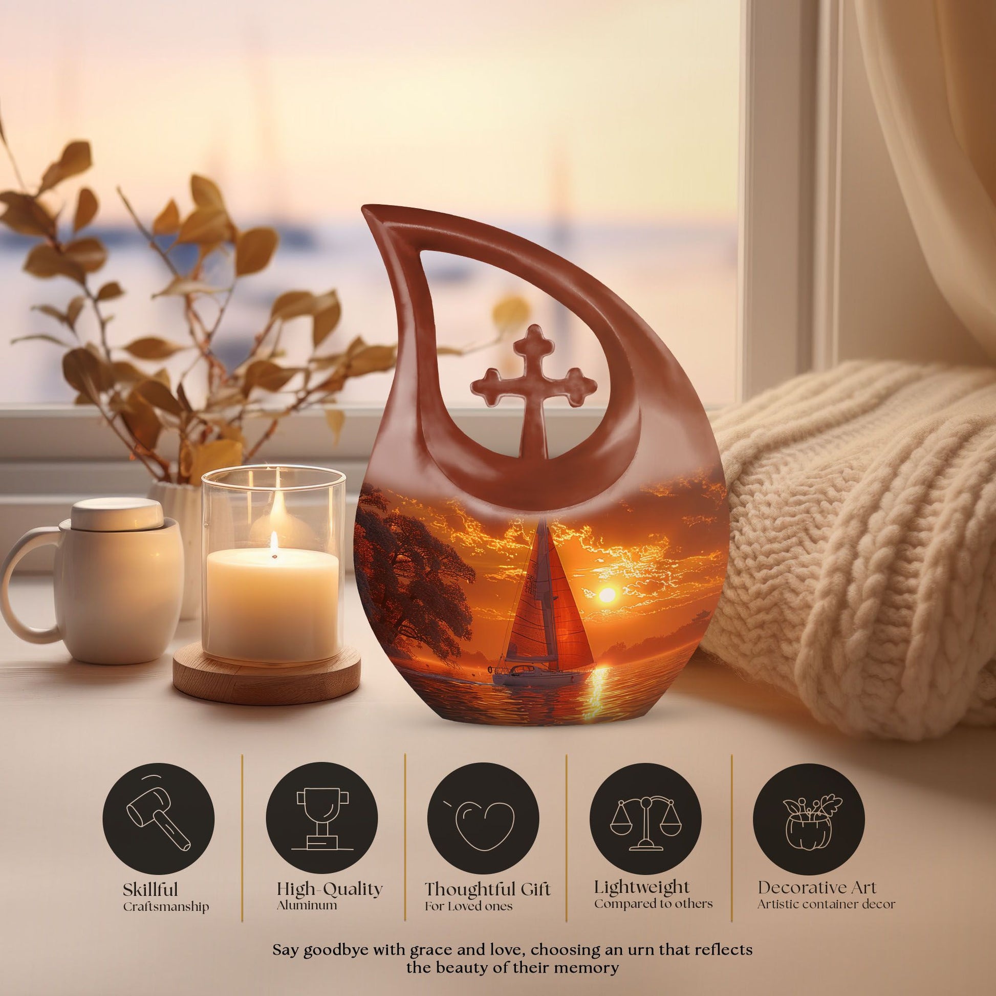 10-inch Sail Boat Urn with Cross Drop design,