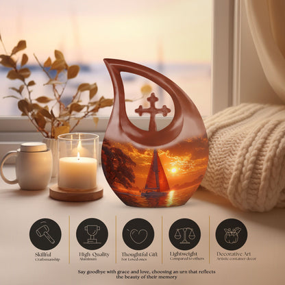 10-inch Sail Boat Urn with Cross Drop design,