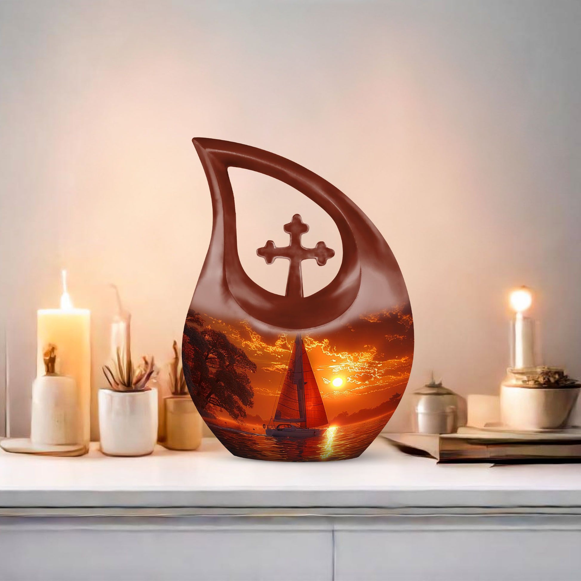 10-inch Sail Boat Urn with Cross Drop design,