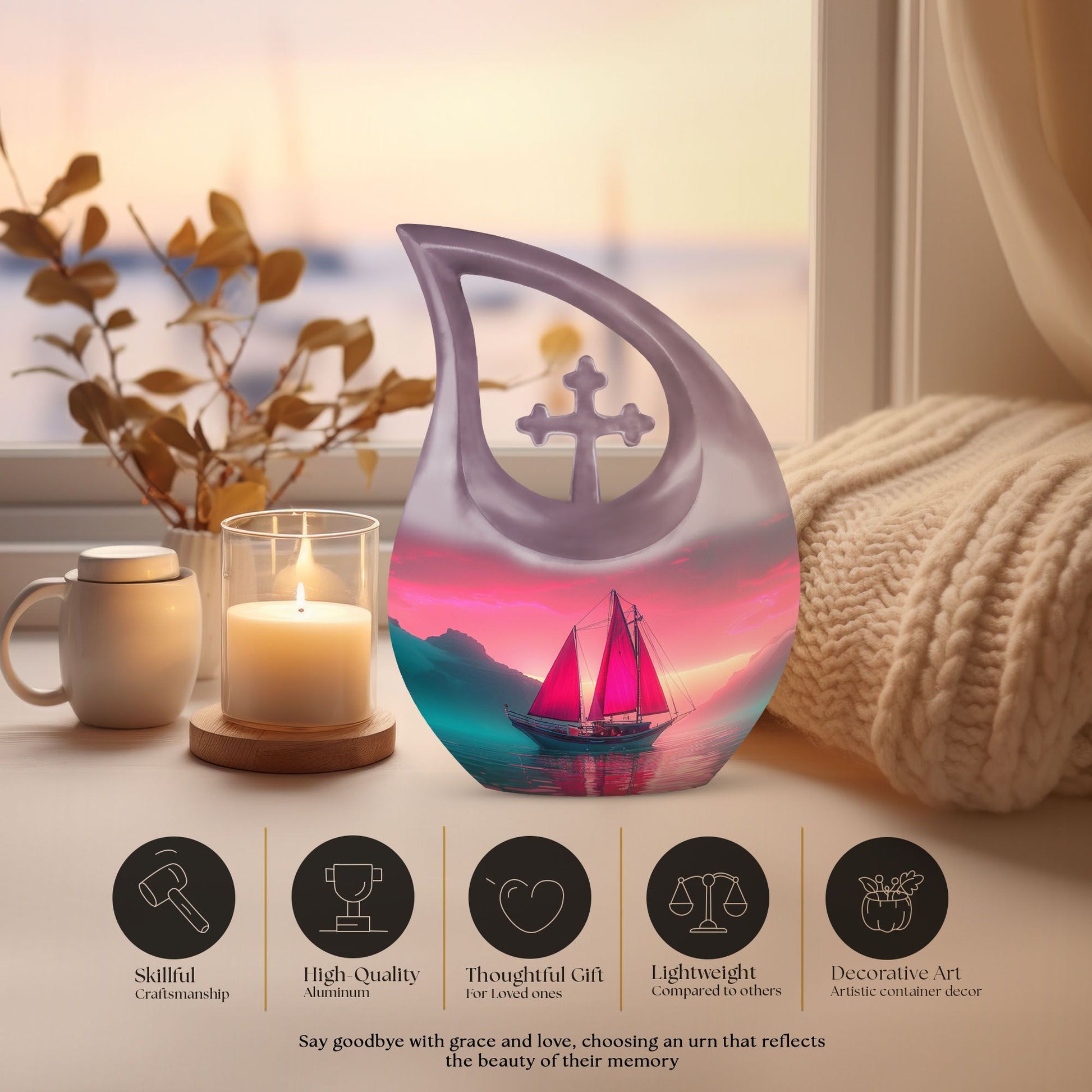 10-inch Sail Boat Urn with Cross Drop design