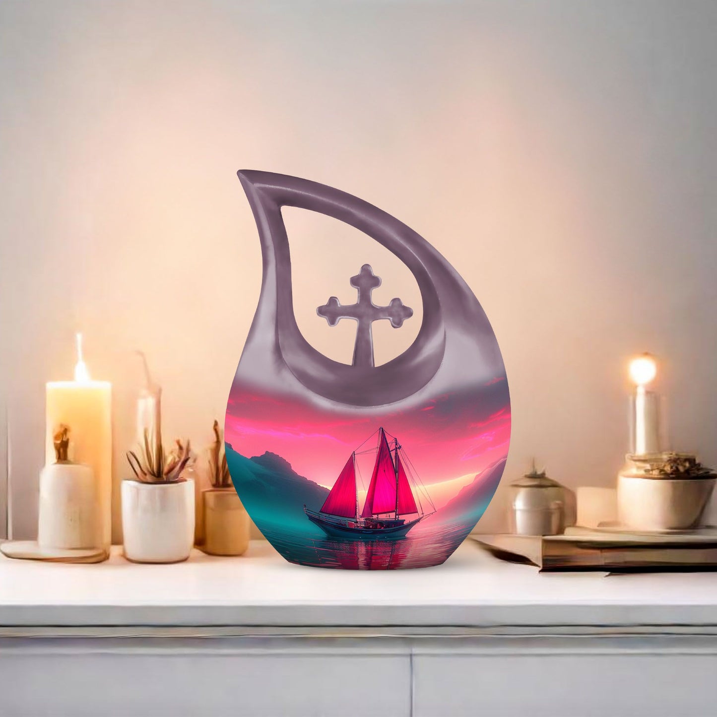 10-inch Sail Boat Urn with Cross Drop design