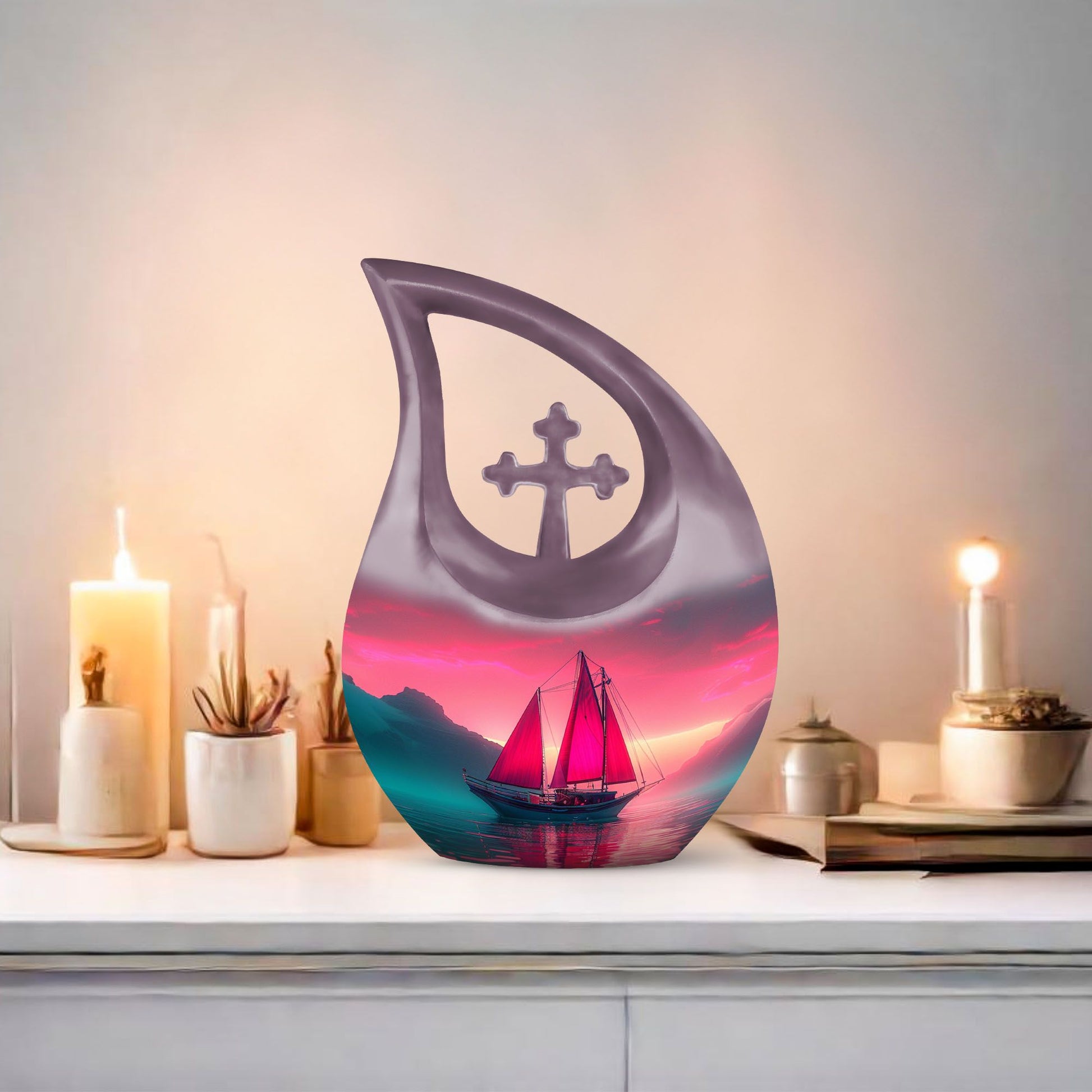 10-inch Sail Boat Urn with Cross Drop design