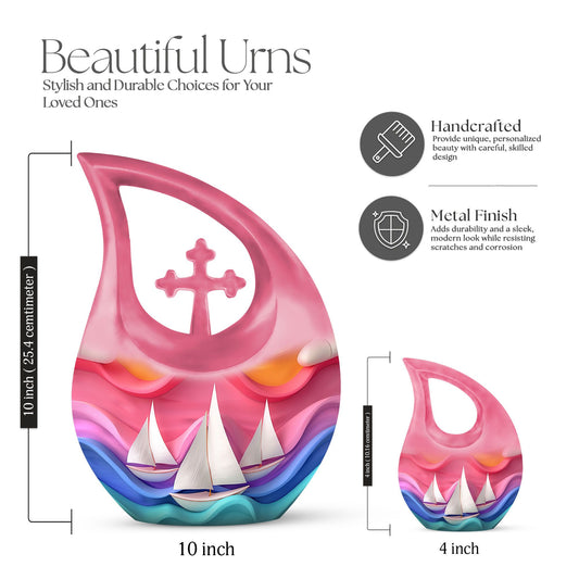 10 inch sail boat urn with cross drop design,