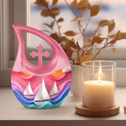 10 inch sail boat urn with cross drop design,