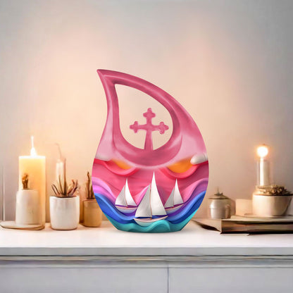 10 inch sail boat urn with cross drop design,