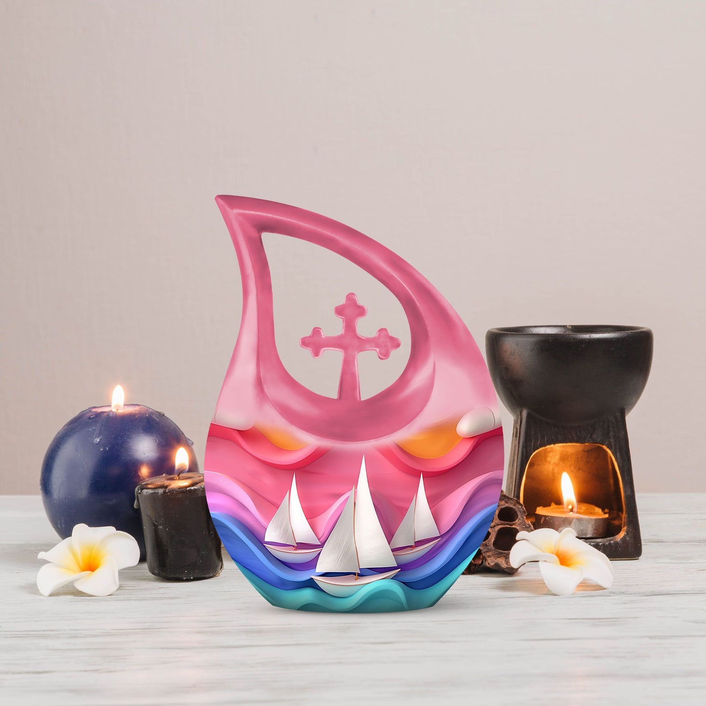 10 inch sail boat urn with cross drop design,