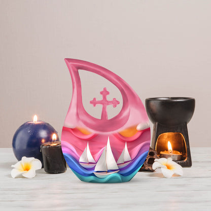 10 inch sail boat urn with cross drop design,
