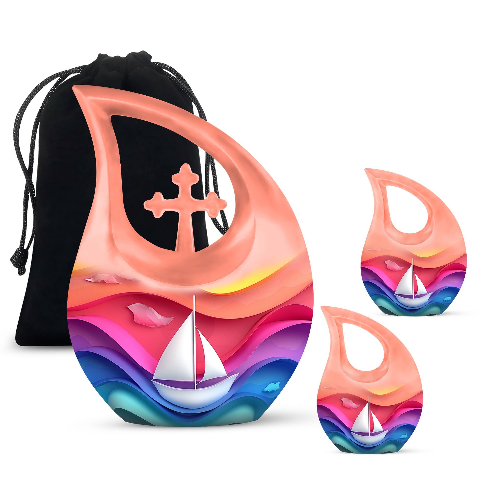 Sail Boat Theme Large Urn With 2 Keepsake Urn