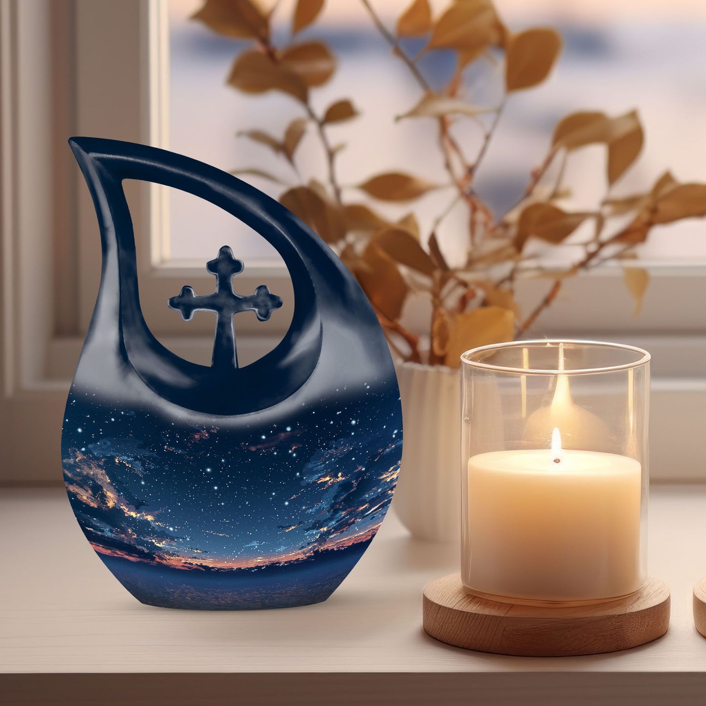 10-inch Starry Night Memorial Urn with Cross Drop design,