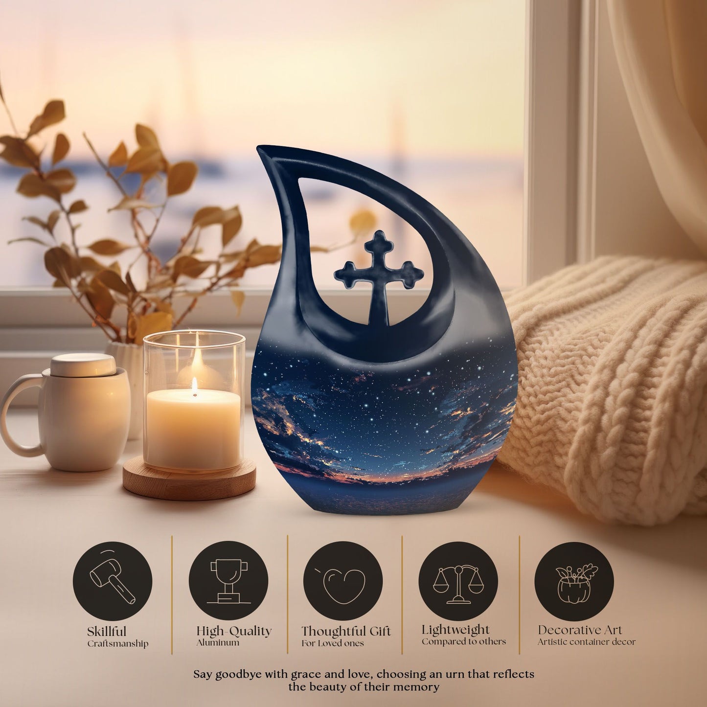 10-inch Starry Night Memorial Urn with Cross Drop design,