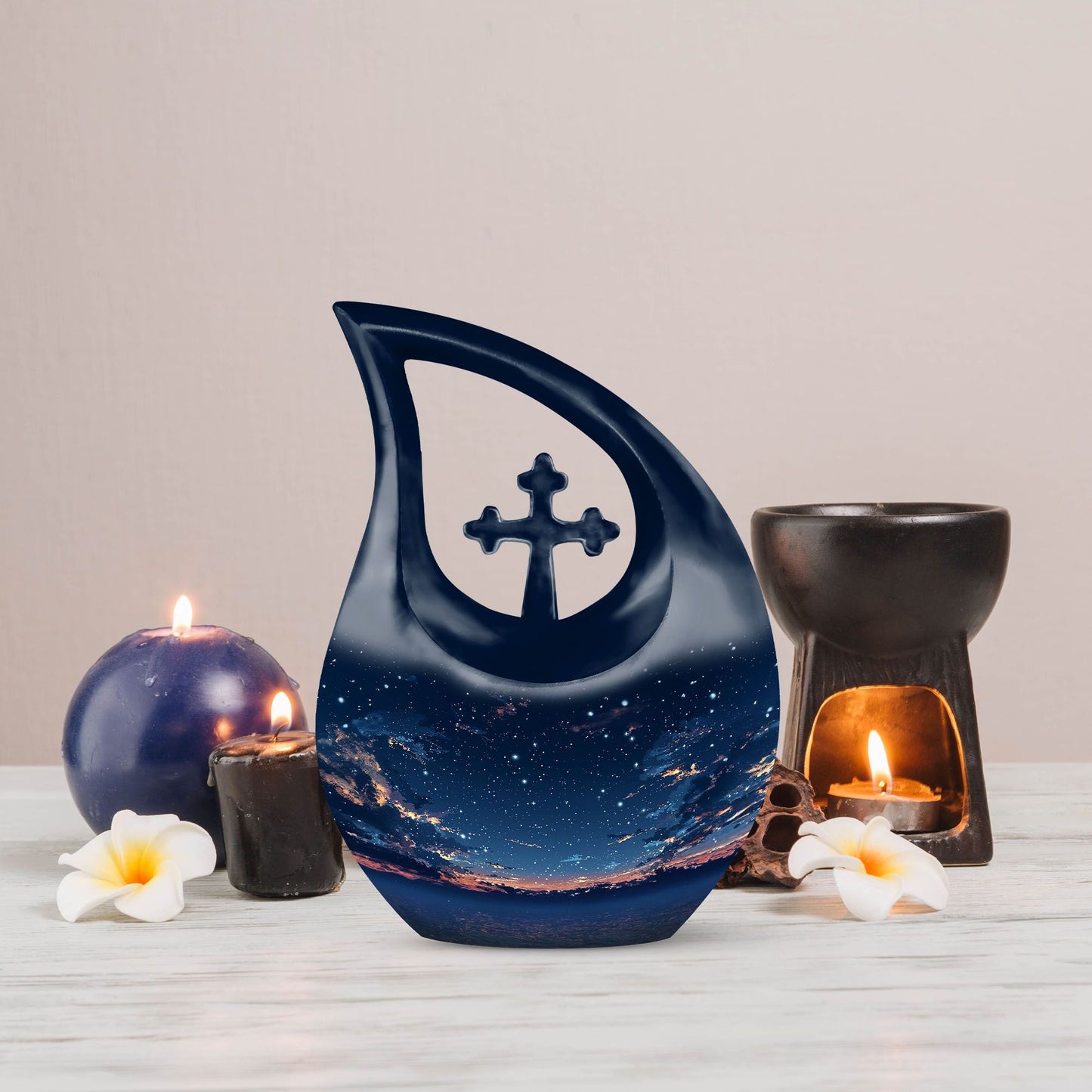 10-inch Starry Night Memorial Urn with Cross Drop design,