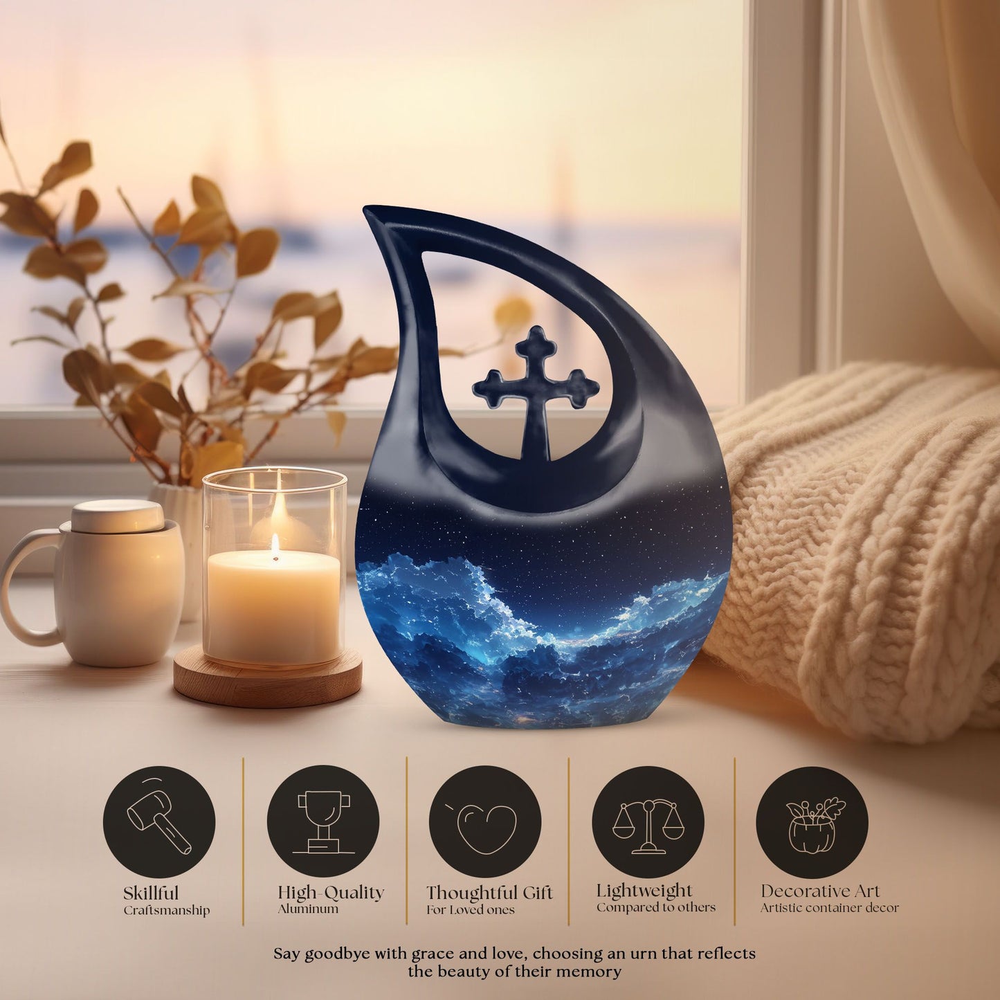 10-inch Starry Night Urn with Cross Drop design, 