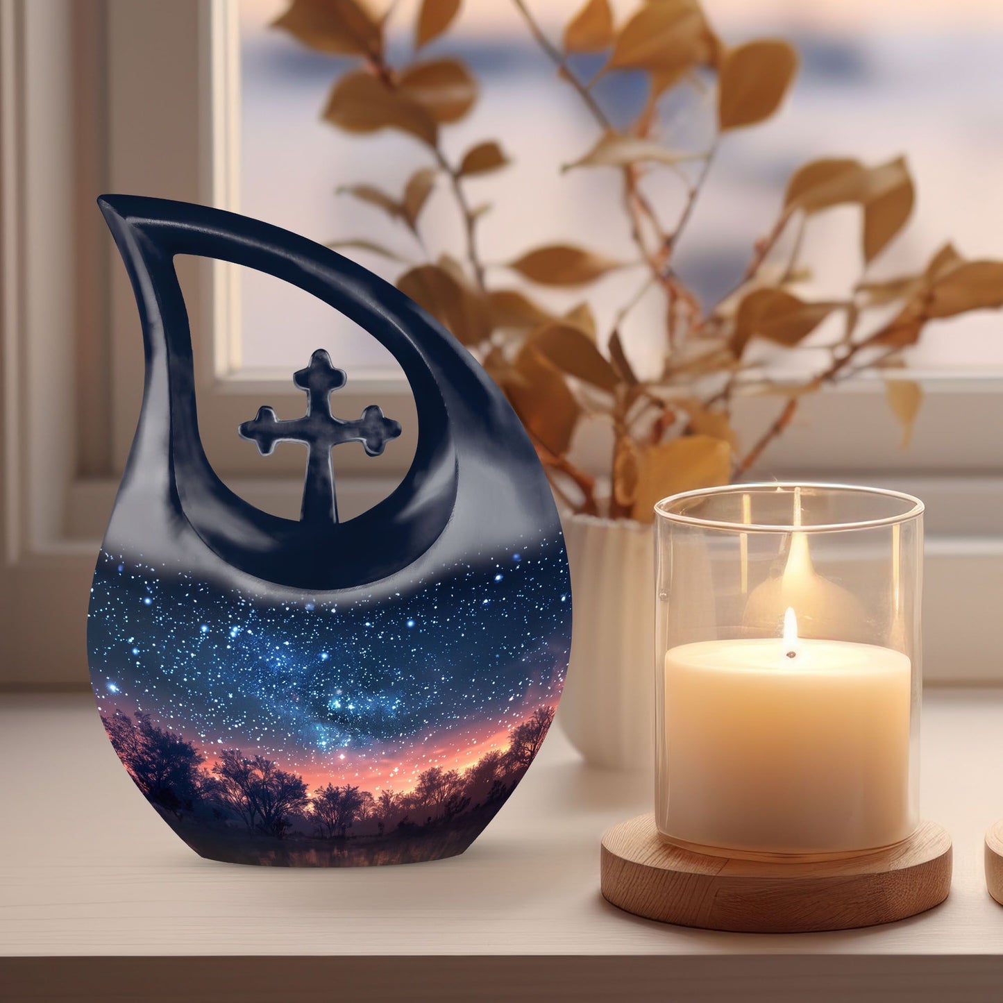 10-inch Starry Night Urn with Cross Drop design,