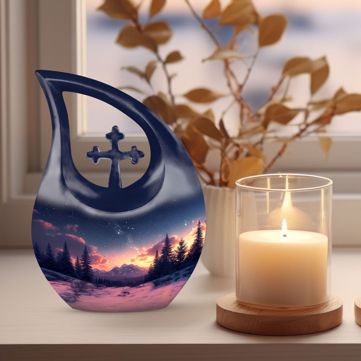 10-inch Starry Night Urn with Cross Drop design, 