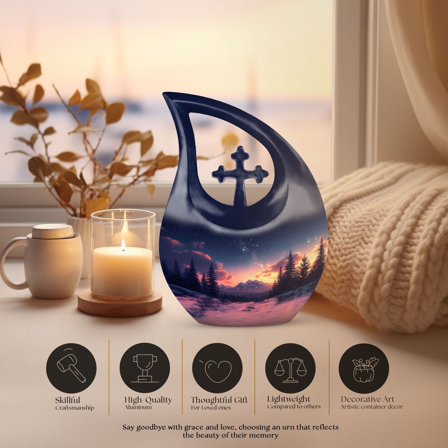 10-inch Starry Night Urn with Cross Drop design, 