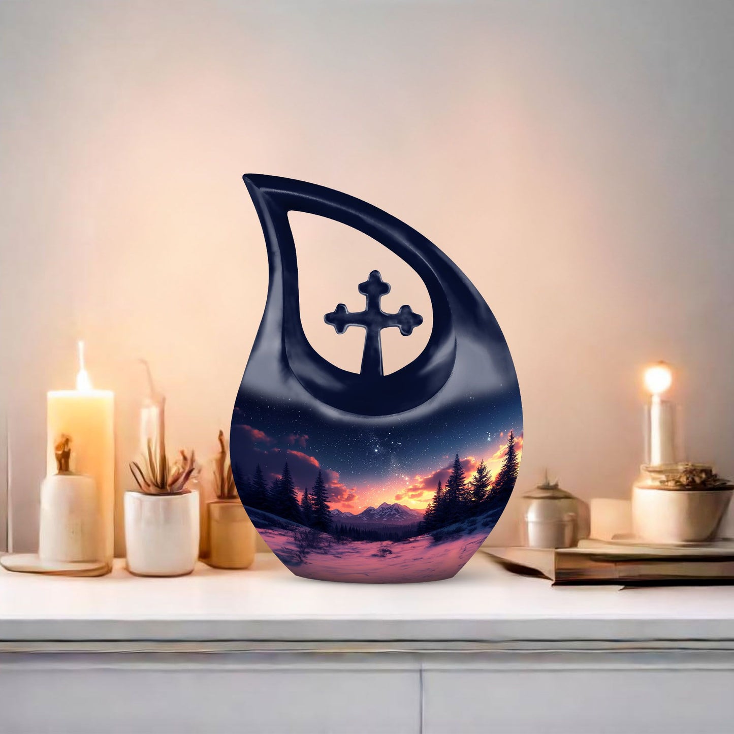 10-inch Starry Night Urn with Cross Drop design, 