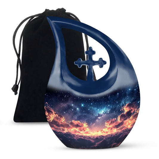 10 Inch Starry Night Urn with Cross Drop Design, 