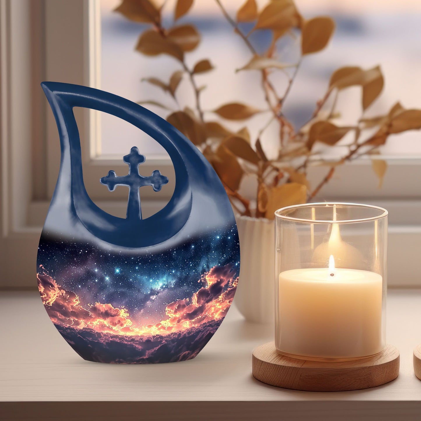 10 Inch Starry Night Urn with Cross Drop Design, 