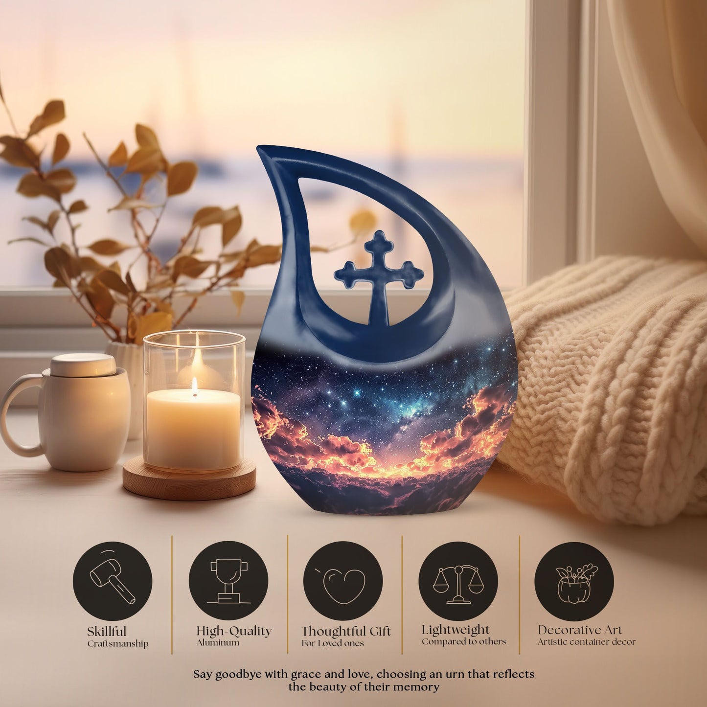 10 Inch Starry Night Urn with Cross Drop Design, 