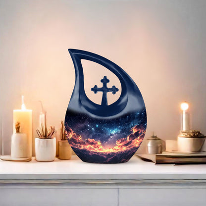 10 Inch Starry Night Urn with Cross Drop Design, 