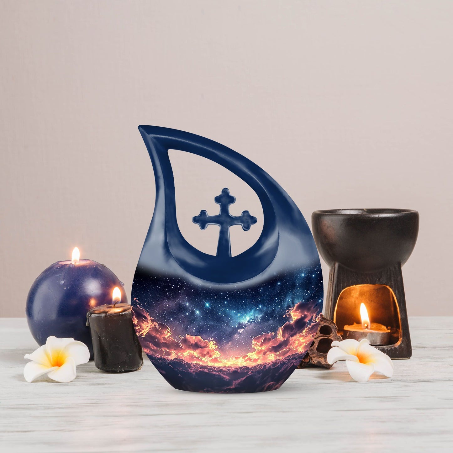 10 Inch Starry Night Urn with Cross Drop Design, 