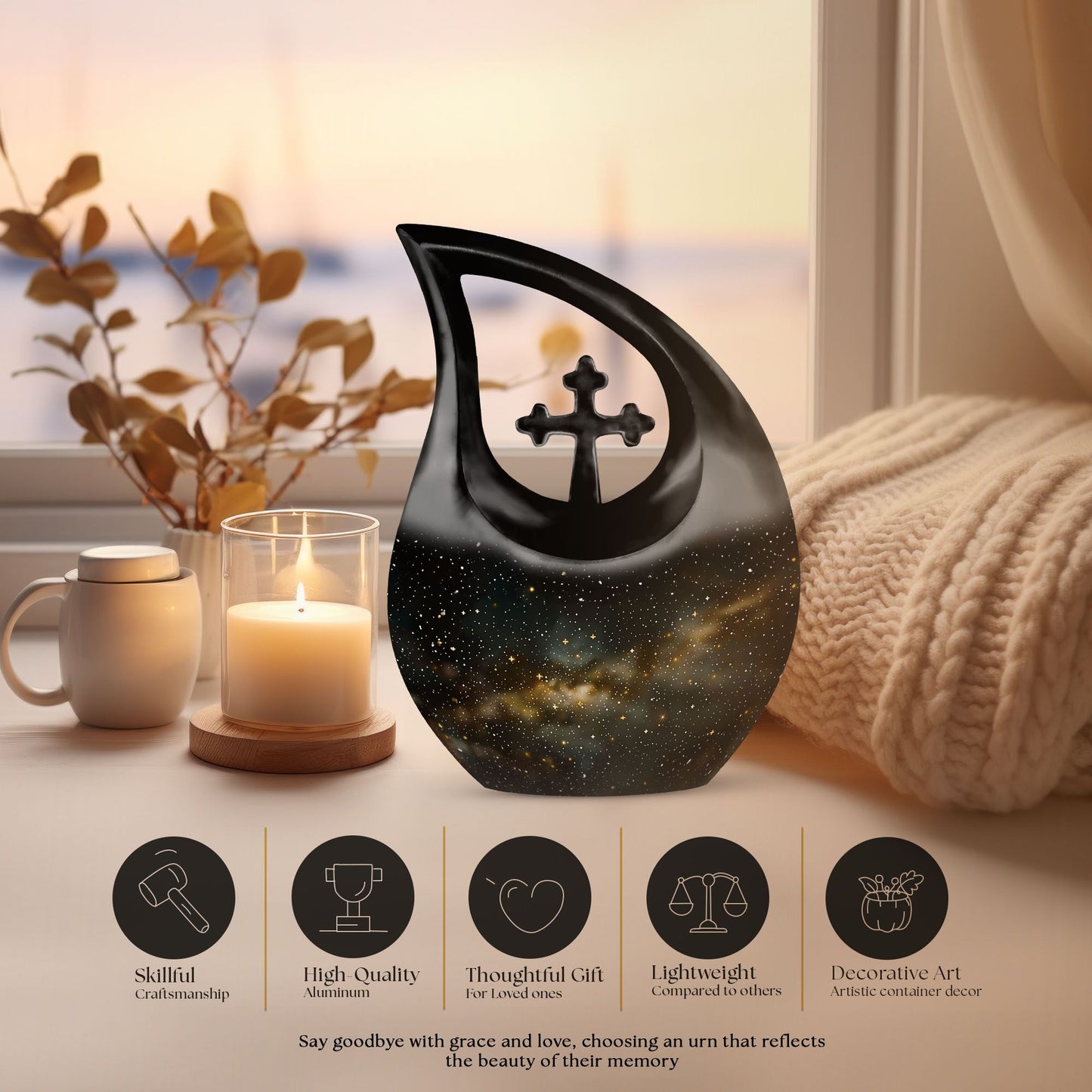 10-inch Starry Night Memorial Urn with Cross Drop design,
