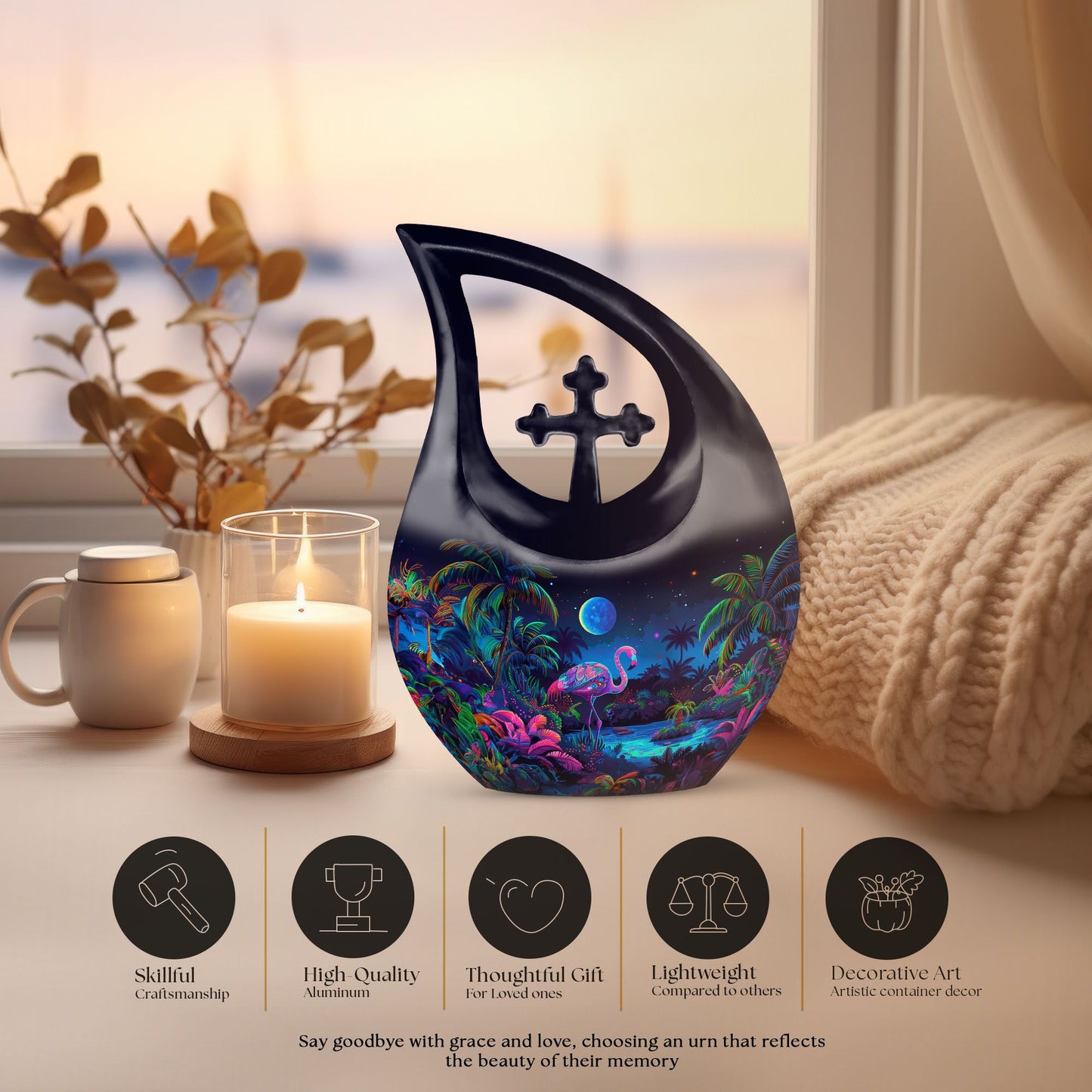 Flamingo-themed cross drop design urn 